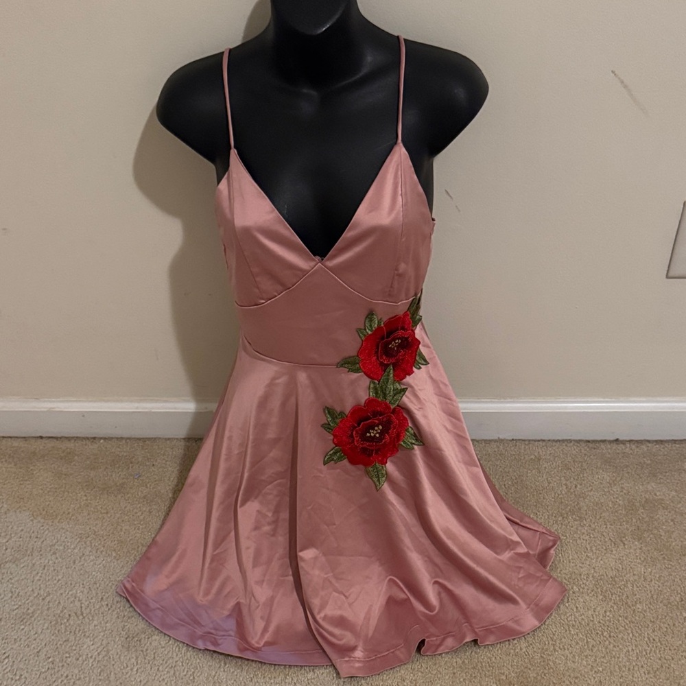 Monaco Pink Dress with Red Floral Accent